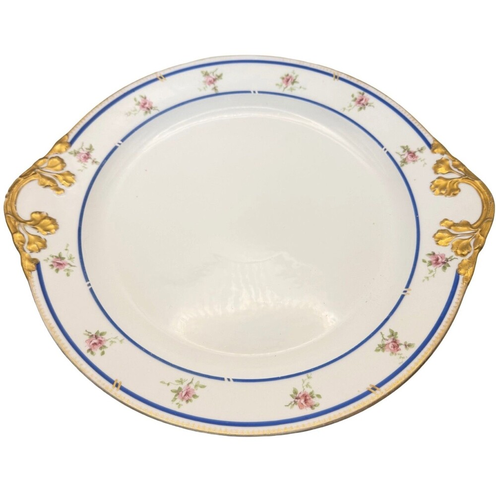 Wm Guerin & Co Limoges France Cake Plate Gold Handles Pink Flower Blue Band 13"